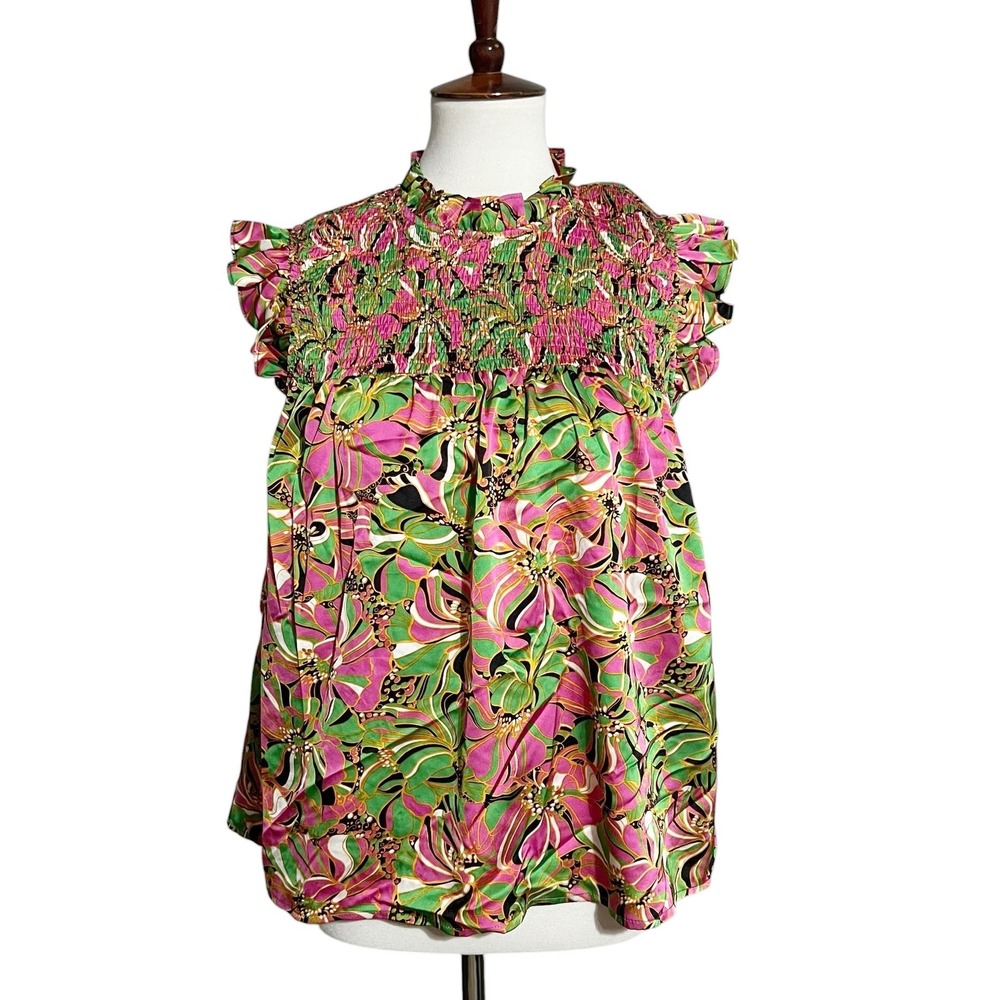 THML Pink Green Tropical‎ Floral Smocked Ruffle High Neck Top New